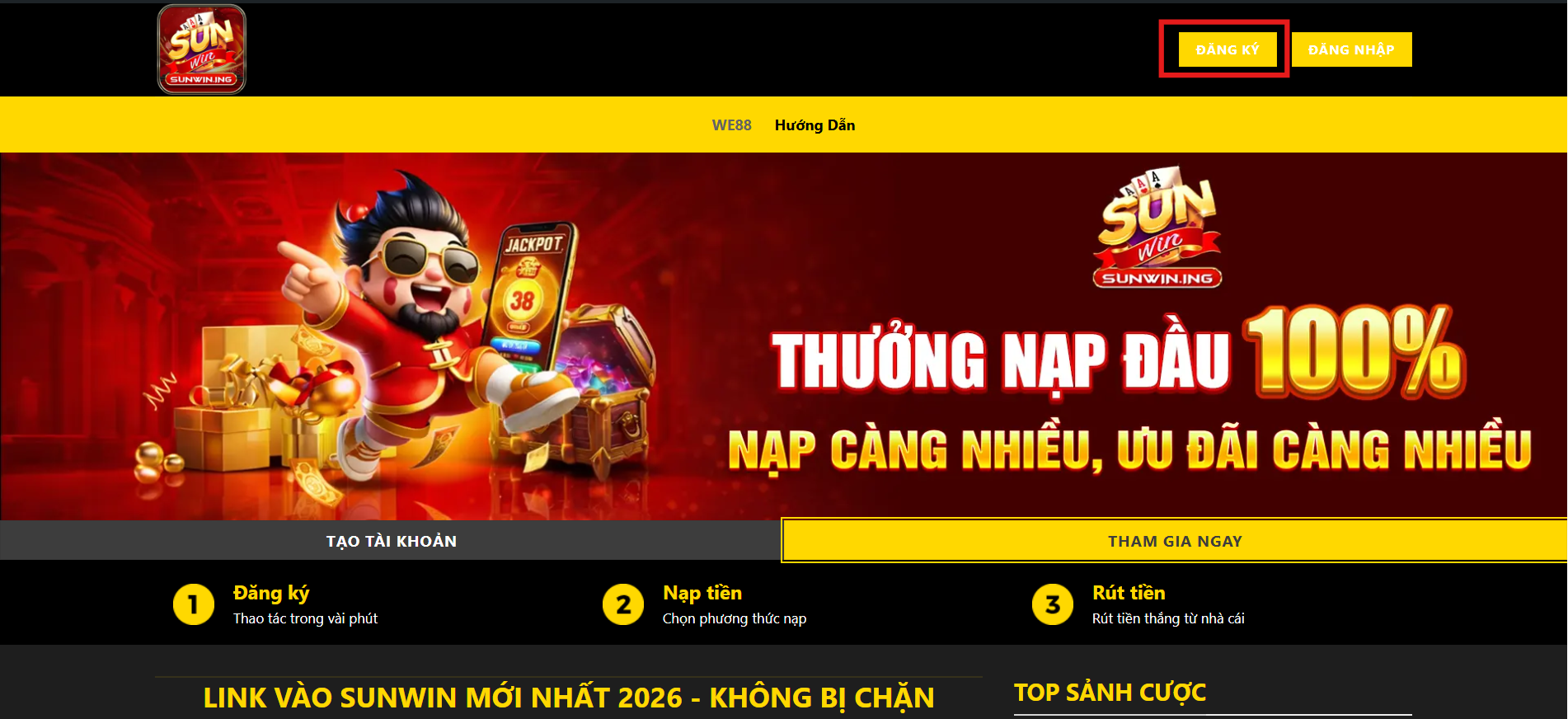 Đăng Ký Sunwin – Hướng Dẫn Tạo Tài Khoản Nhanh Chóng Click nút đăng ký ở góc phải màn hình